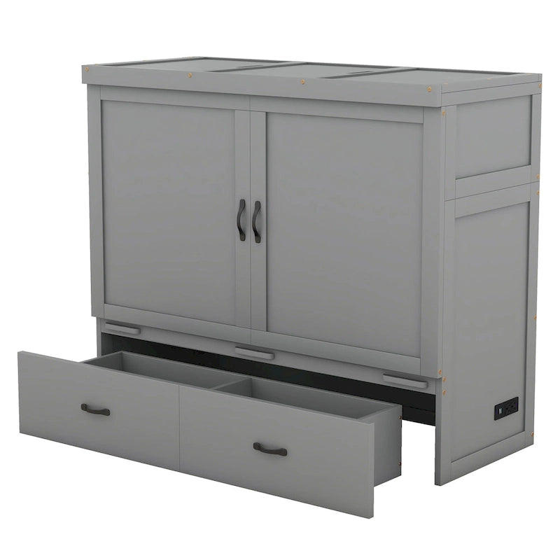 Lit escamotable grand format avec port USB et grand tiroir, gris
