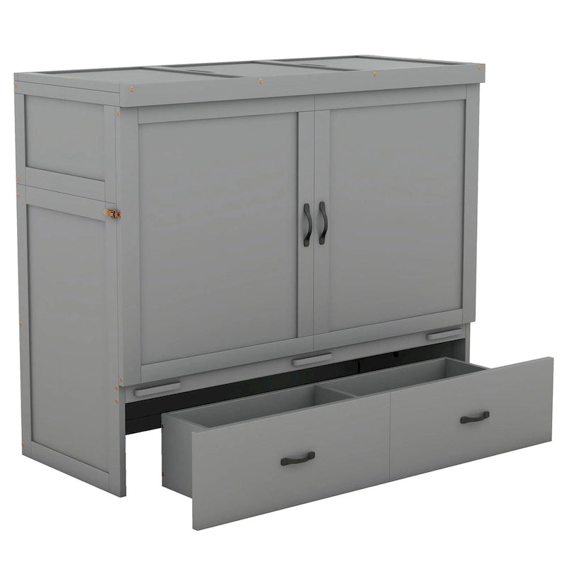 Lit escamotable grand format avec port USB et grand tiroir, gris