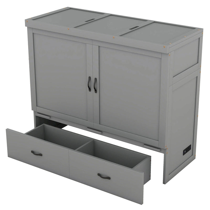 Lit escamotable grand format avec port USB et grand tiroir, gris
