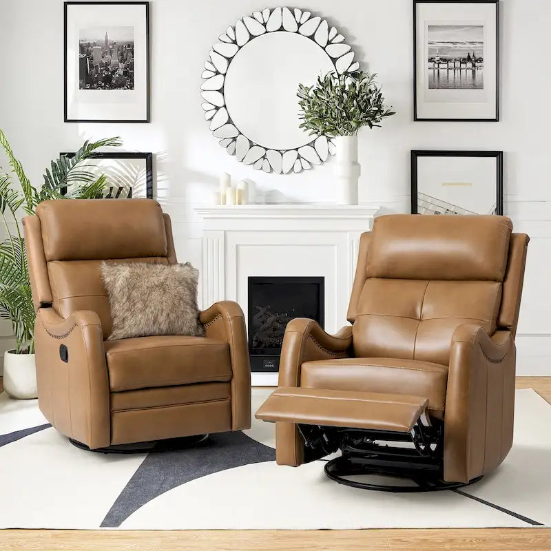Fauteuil inclinable pivotant et berçant en cuir véritable (avec clous décoratifs) — Ensemble de 2 pièces