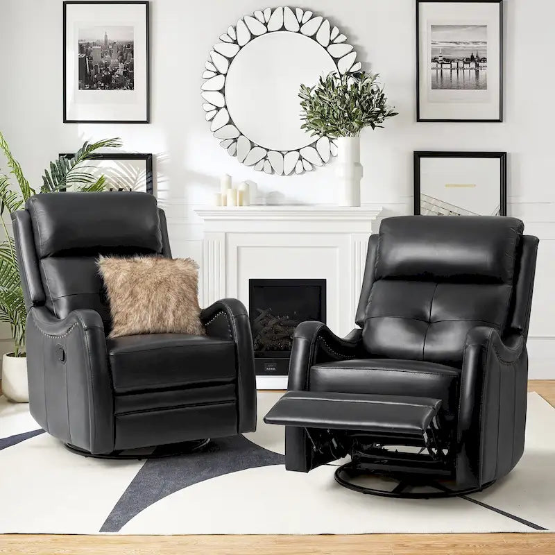 Fauteuil inclinable pivotant et berçant en cuir véritable (avec clous décoratifs) — Ensemble de 2 pièces
