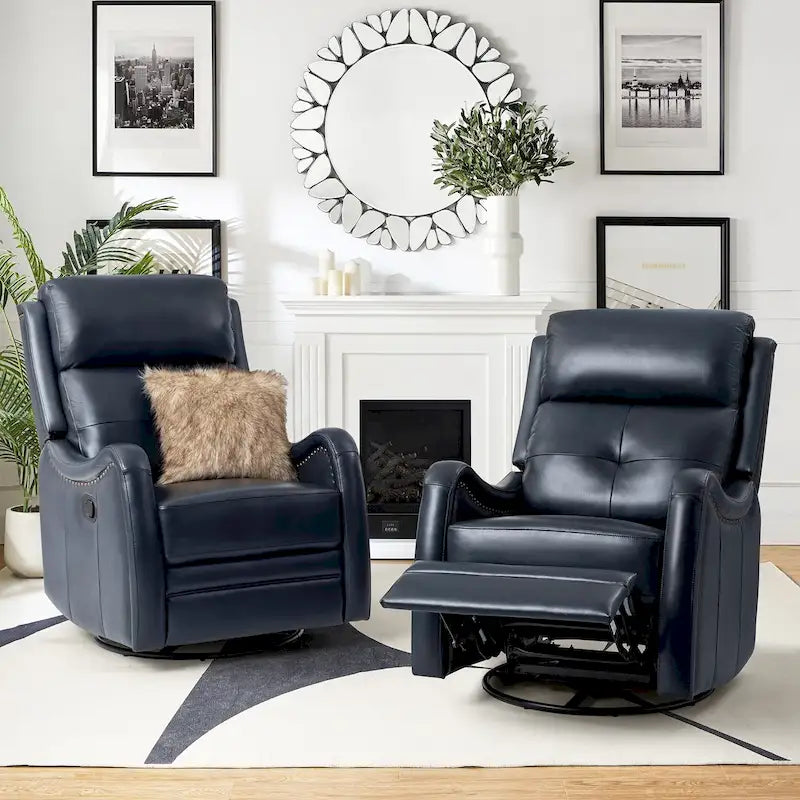 Fauteuil inclinable pivotant et berçant en cuir véritable (avec clous décoratifs) — Ensemble de 2 pièces