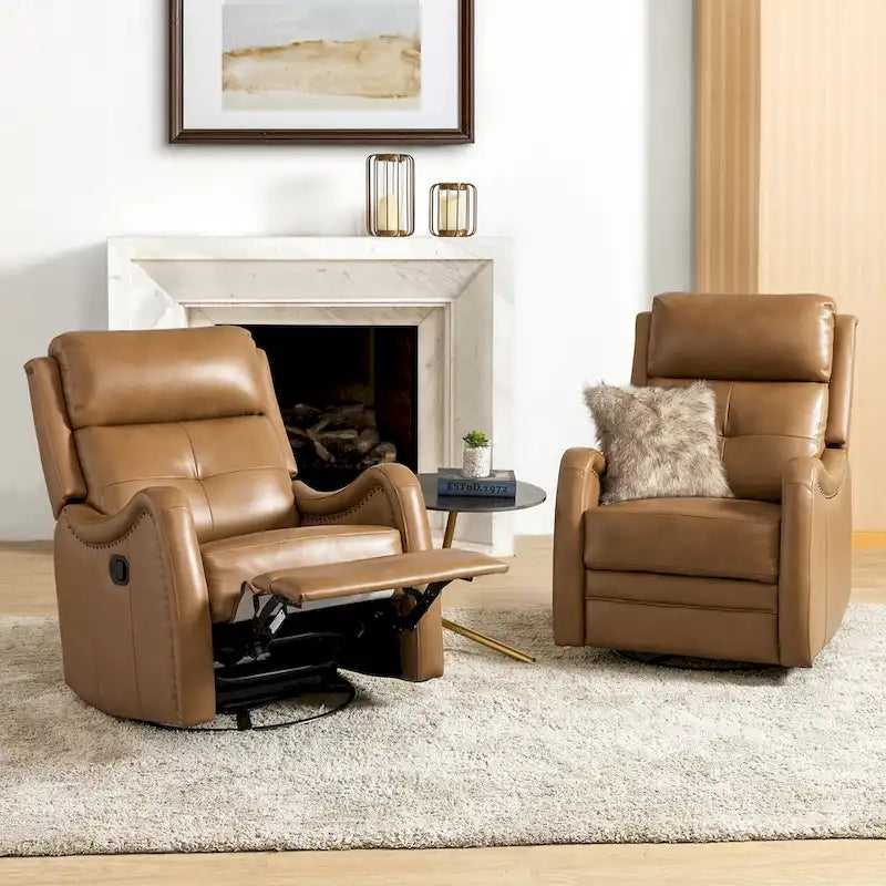 Fauteuil inclinable pivotant et berçant en cuir véritable (avec clous décoratifs) — Ensemble de 2 pièces