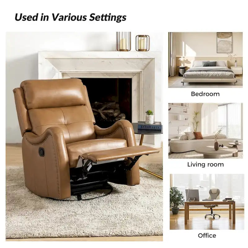 Fauteuil inclinable pivotant et berçant en cuir véritable (avec clous décoratifs) — Ensemble de 2 pièces