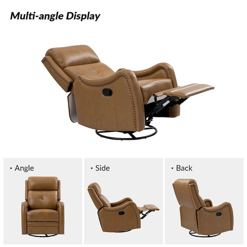 Fauteuil inclinable pivotant et berçant en cuir véritable (avec clous décoratifs) — Ensemble de 2 pièces