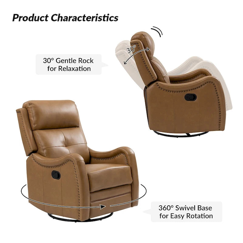 Fauteuil inclinable pivotant et berçant en cuir véritable (avec clous décoratifs) — Ensemble de 2 pièces