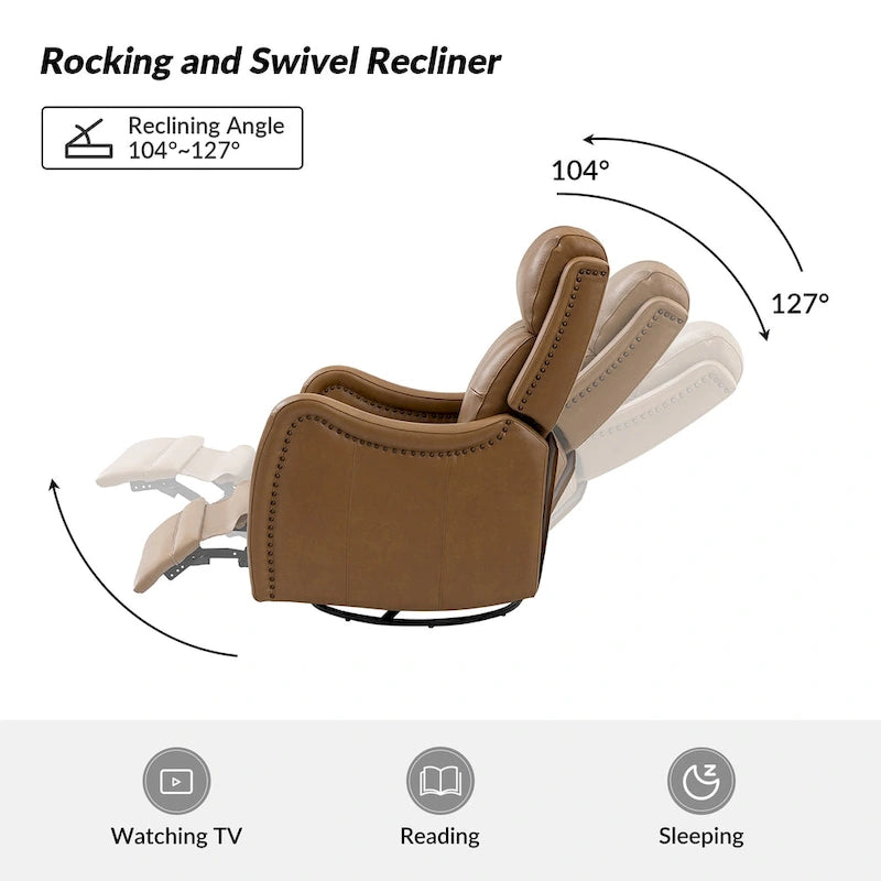 Fauteuil inclinable pivotant et berçant en cuir véritable (avec clous décoratifs) — Ensemble de 2 pièces