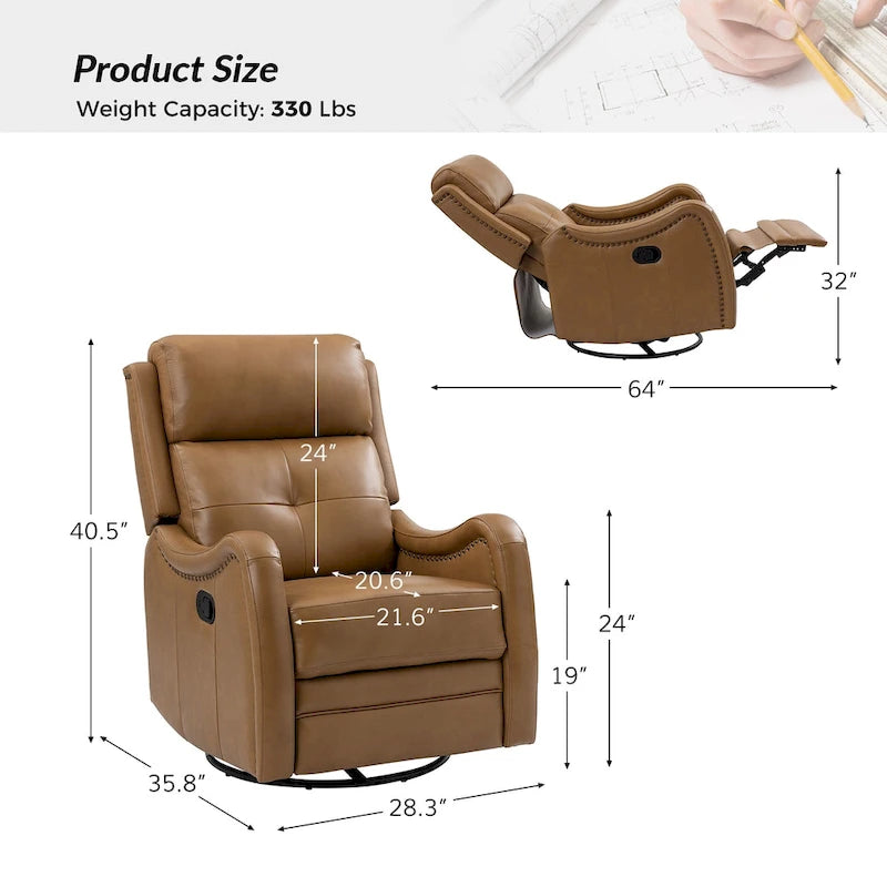 Fauteuil inclinable pivotant et berçant en cuir véritable (avec clous décoratifs) — Ensemble de 2 pièces