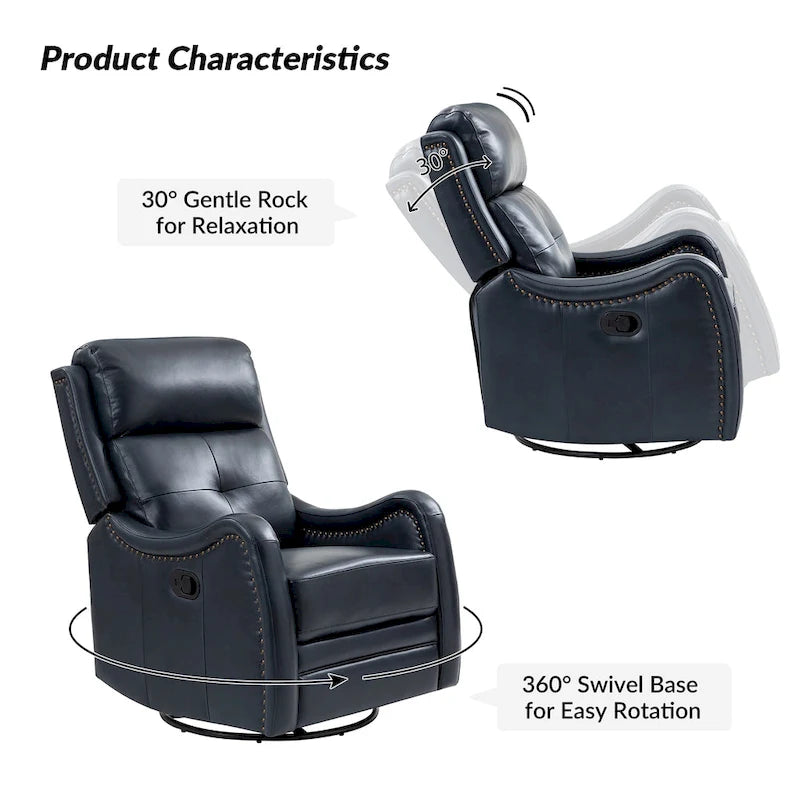 Fauteuil inclinable pivotant et berçant en cuir véritable (avec clous décoratifs) — Ensemble de 2 pièces