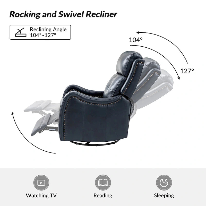 Fauteuil inclinable pivotant et berçant en cuir véritable (avec clous décoratifs) — Ensemble de 2 pièces