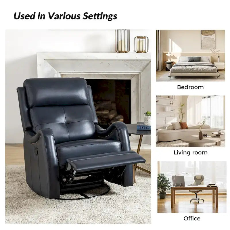 Fauteuil inclinable pivotant et berçant en cuir véritable (avec clous décoratifs) — Ensemble de 2 pièces