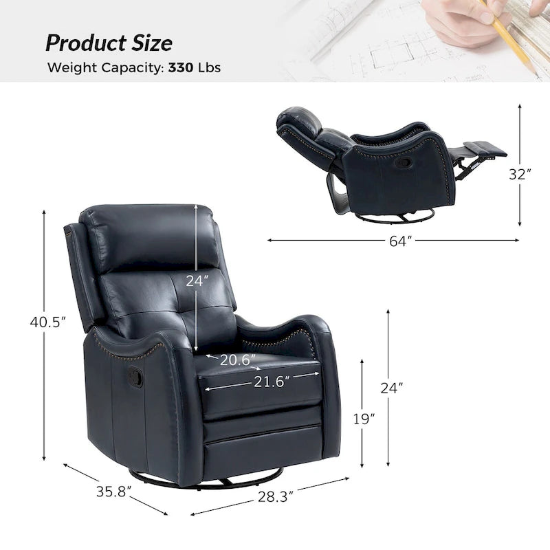 Fauteuil inclinable pivotant et berçant en cuir véritable (avec clous décoratifs) — Ensemble de 2 pièces
