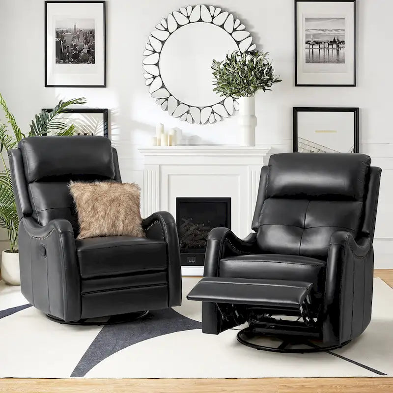 Fauteuil inclinable pivotant et berçant en cuir véritable (avec clous décoratifs) — Ensemble de 2 pièces