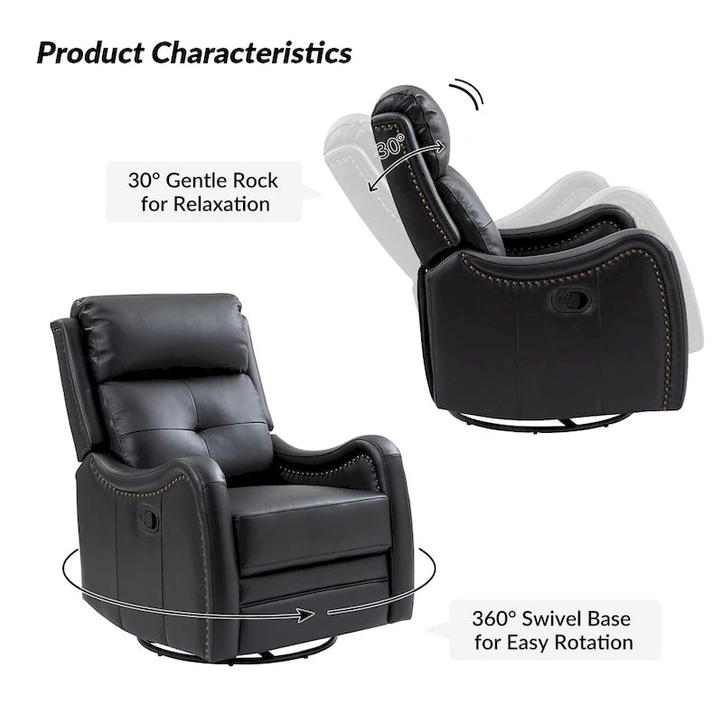 Fauteuil inclinable pivotant et berçant en cuir véritable (avec clous décoratifs) — Ensemble de 2 pièces