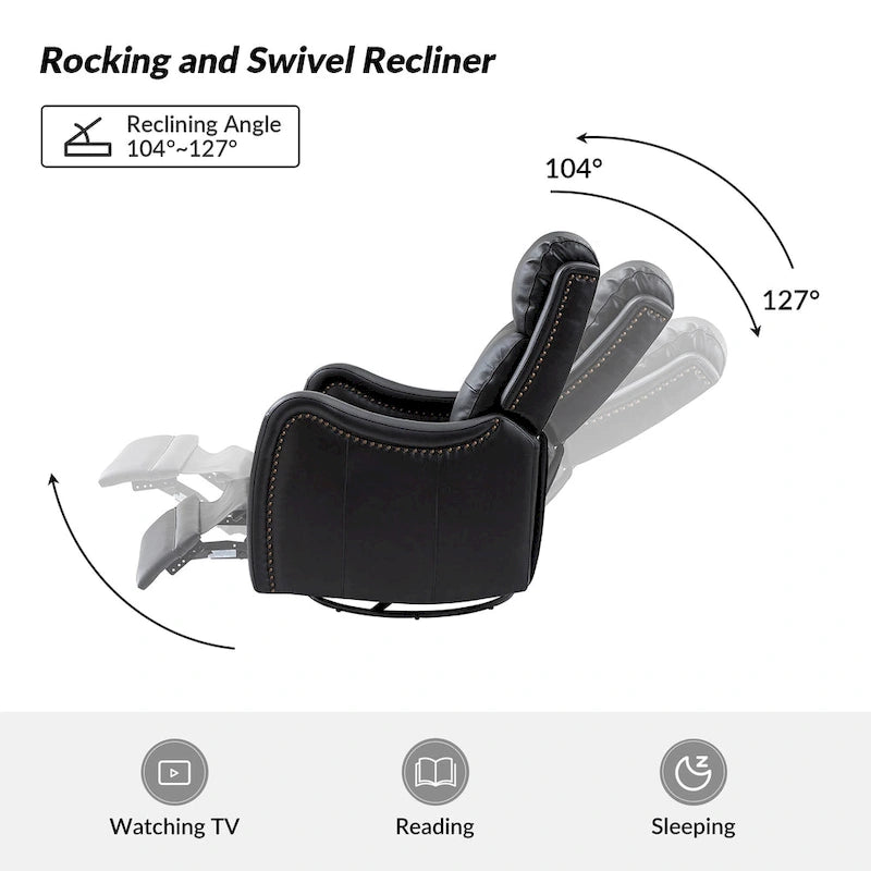 Fauteuil inclinable pivotant et berçant en cuir véritable (avec clous décoratifs) — Ensemble de 2 pièces