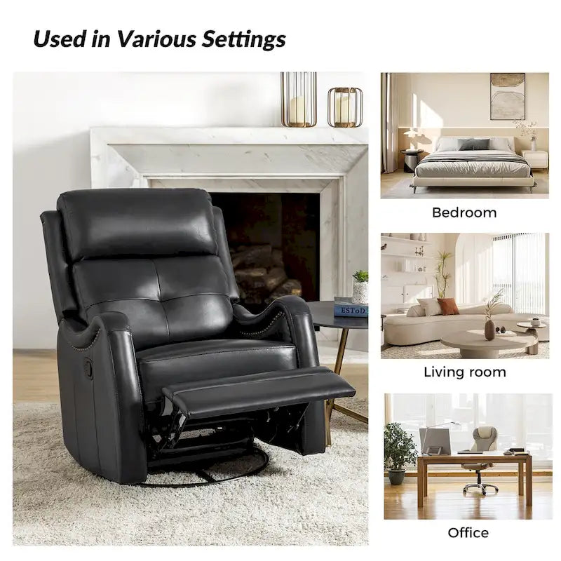 Fauteuil inclinable pivotant et berçant en cuir véritable (avec clous décoratifs) — Ensemble de 2 pièces