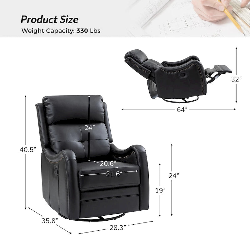 Fauteuil inclinable pivotant et berçant en cuir véritable (avec clous décoratifs) — Ensemble de 2 pièces