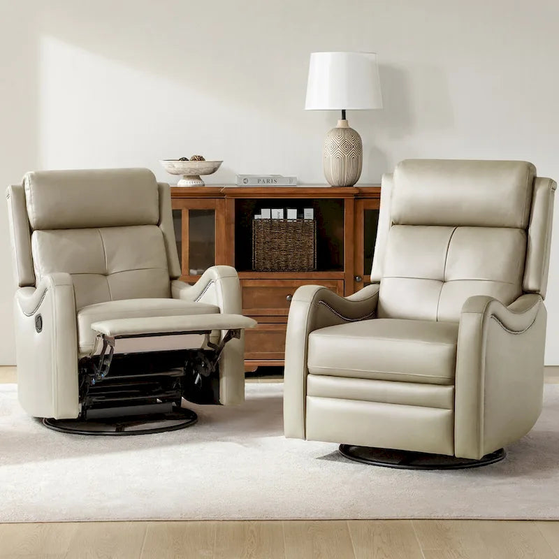 Fauteuil inclinable pivotant et berçant en cuir véritable (avec clous décoratifs) — Ensemble de 2 pièces