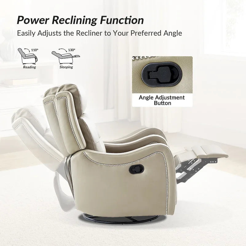 Fauteuil inclinable pivotant et berçant en cuir véritable (avec clous décoratifs) — Ensemble de 2 pièces