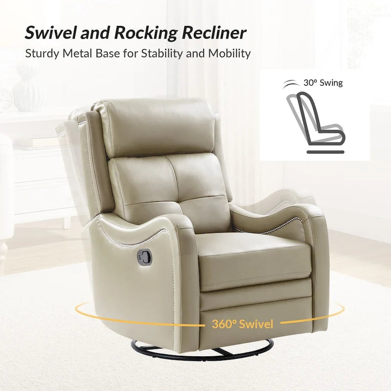 Fauteuil inclinable pivotant et berçant en cuir véritable (avec clous décoratifs) — Ensemble de 2 pièces