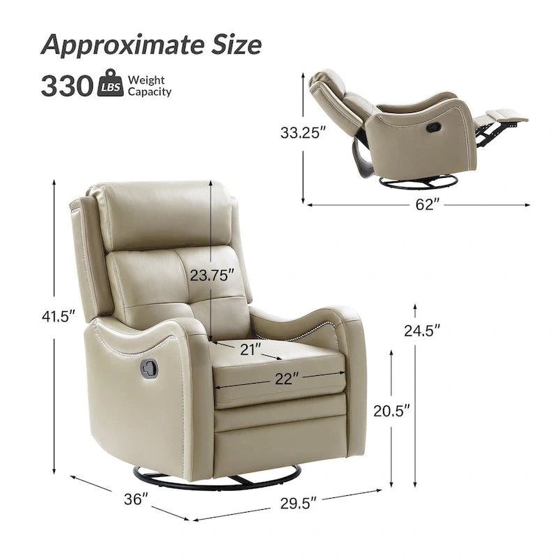 Fauteuil inclinable pivotant et berçant en cuir véritable (avec clous décoratifs) — Ensemble de 2 pièces
