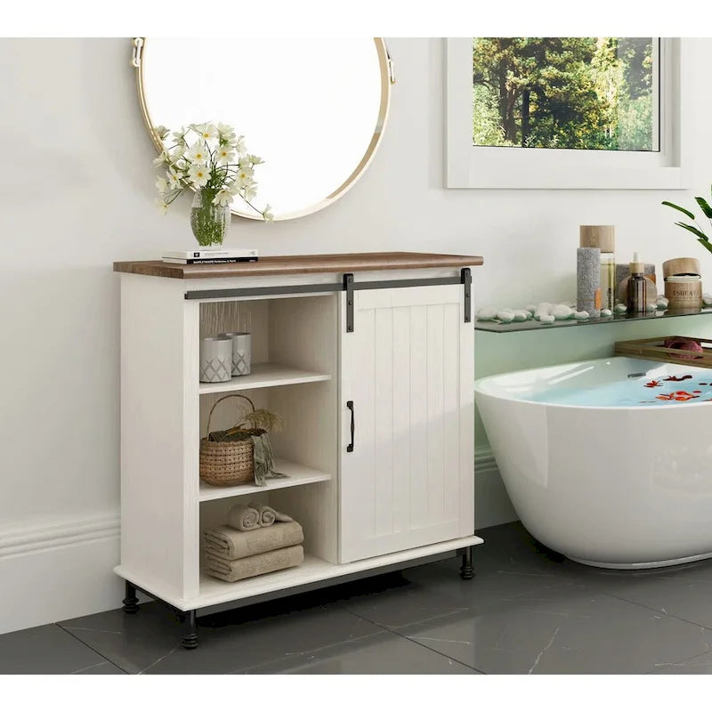 Buffet de cuisine / Console d'entrée — Meuble de rangement blanc de style campagnard avec portes coulissantes façon grange