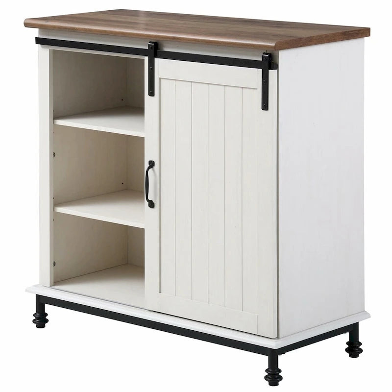 Buffet de cuisine / Console d'entrée — Meuble de rangement blanc de style campagnard avec portes coulissantes façon grange