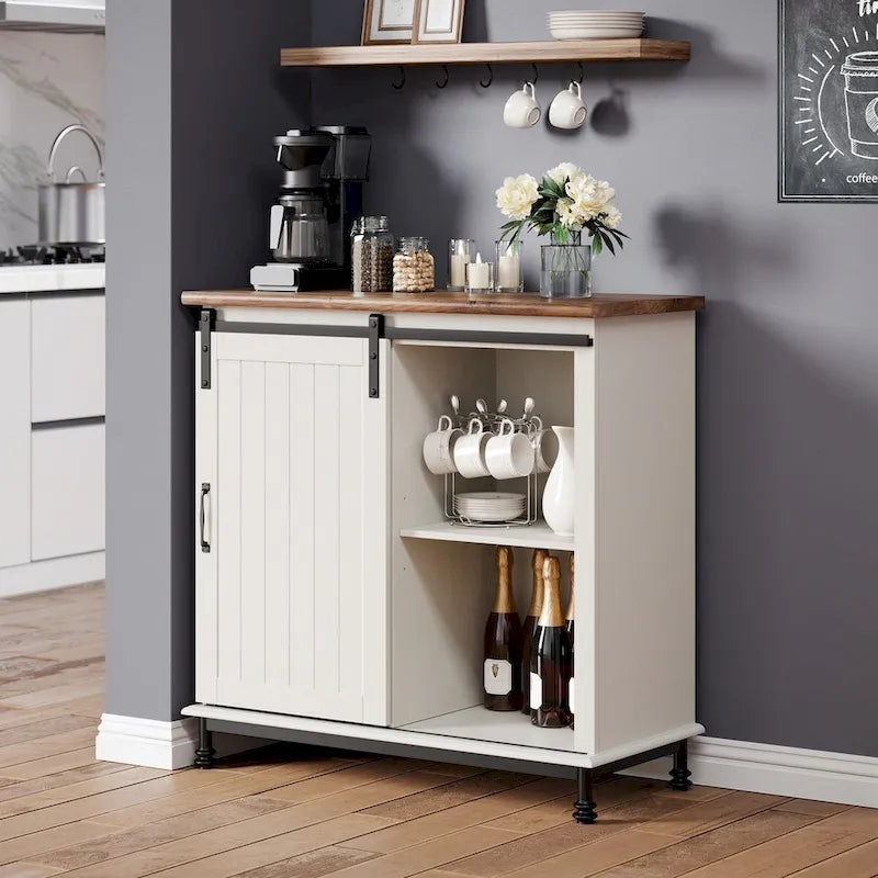 Buffet de cuisine / Console d'entrée — Meuble de rangement blanc de style campagnard avec portes coulissantes façon grange