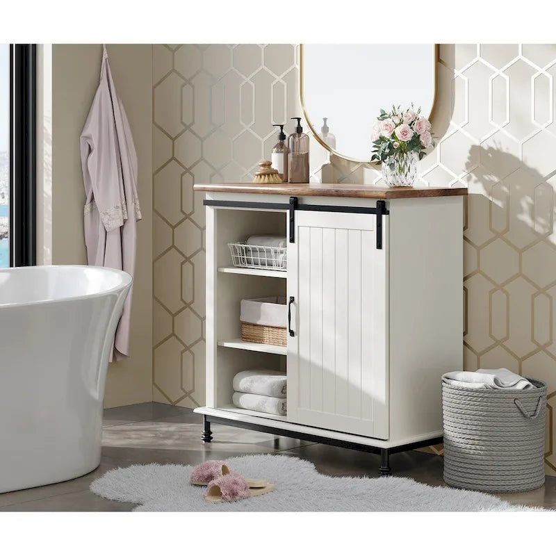Buffet de cuisine / Console d'entrée — Meuble de rangement blanc de style campagnard avec portes coulissantes façon grange