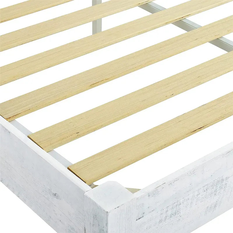 Cadre de lit plateforme 12 lattes en pin massif, style rustique, blanc vieilli, taille King — Blanc vieilli