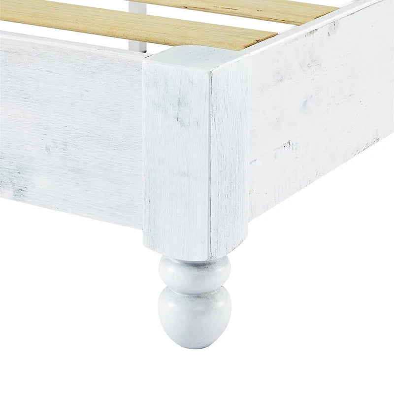 Cadre de lit plateforme 12 lattes en pin massif, style rustique, blanc vieilli, taille King — Blanc vieilli