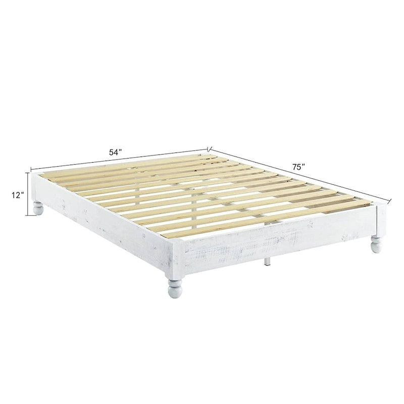 Cadre de lit plateforme 12 lattes en pin massif, style rustique, blanc vieilli, taille King — Blanc vieilli