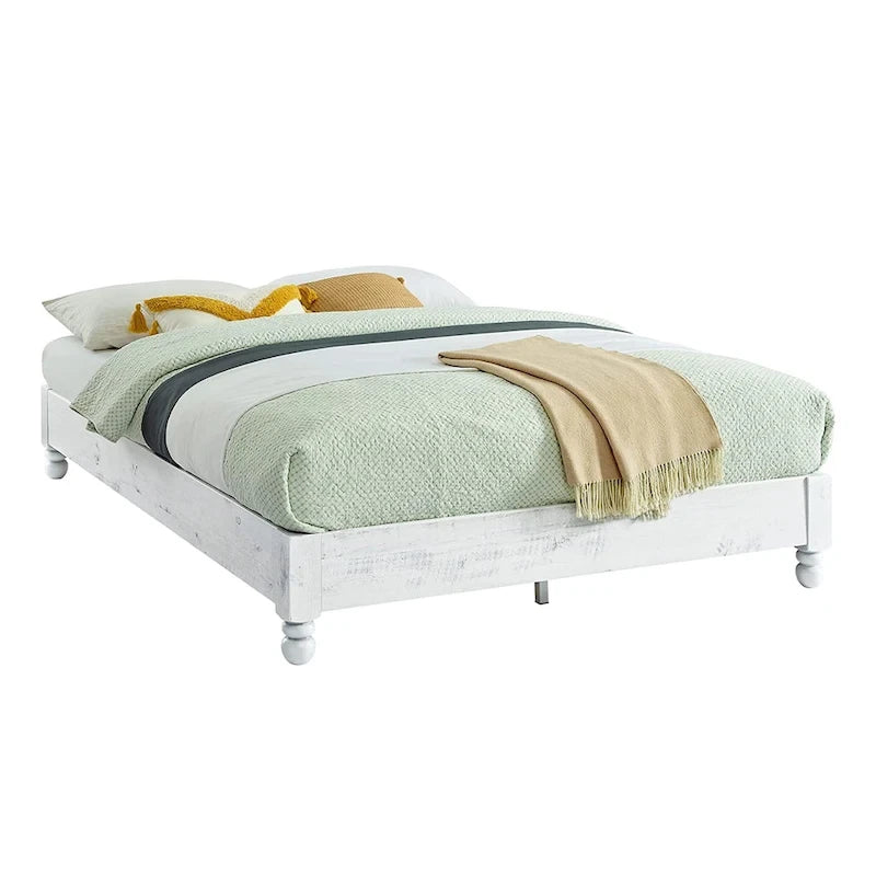 Cadre de lit plateforme 12 lattes en pin massif, style rustique, blanc vieilli, taille King — Blanc vieilli