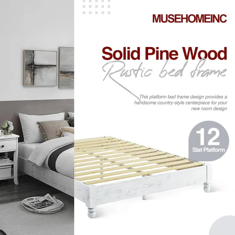Cadre de lit plateforme 12 lattes en pin massif, style rustique, blanc vieilli, taille King — Blanc vieilli