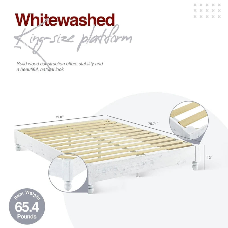 Cadre de lit plateforme 12 lattes en pin massif, style rustique, blanc vieilli, taille King — Blanc vieilli