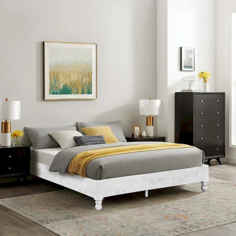 Cadre de lit plateforme 12 lattes en pin massif, style rustique, blanc vieilli, taille King — Blanc vieilli
