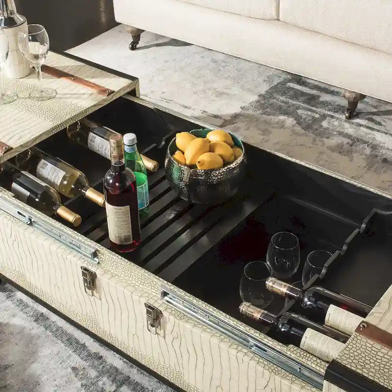Table basse avec casier à vin et rangement — 120 cm (L) x 60 cm (l) x 39 cm (H) — 119 cm (L) x 61 cm (P) x 38 cm (H)