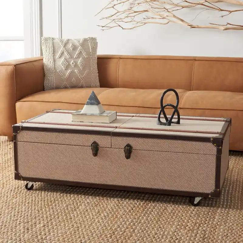 Table basse avec casier à vin et rangement — 120 cm (L) x 60 cm (l) x 39 cm (H) — 119 cm (L) x 61 cm (P) x 38 cm (H)
