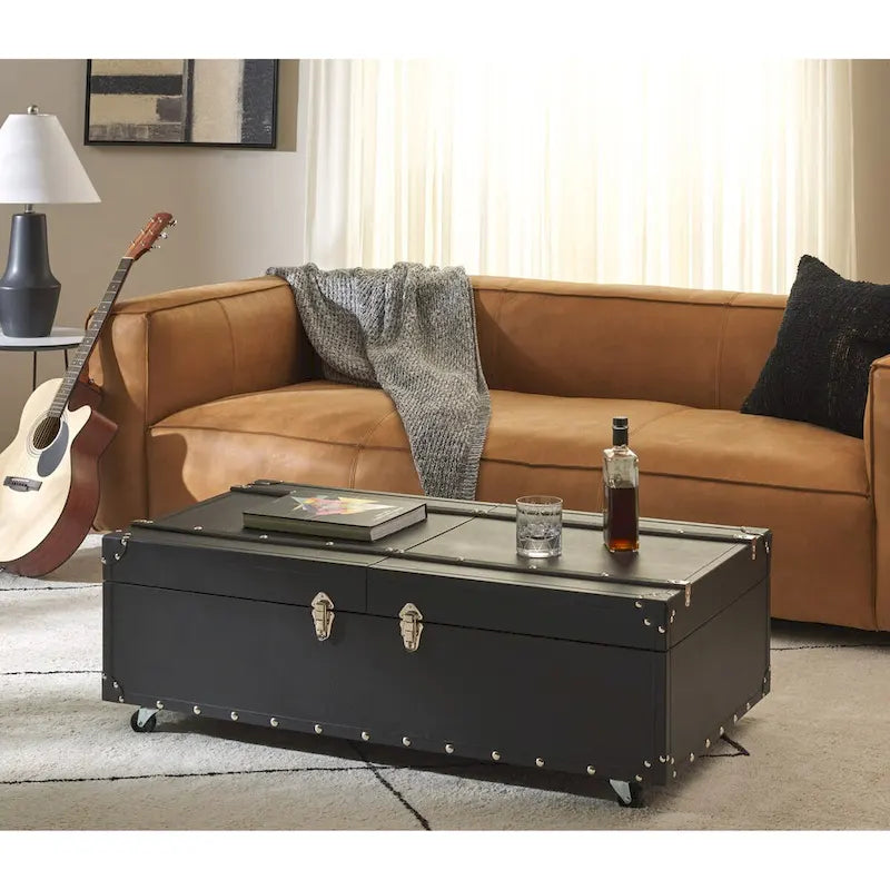Table basse avec casier à vin et rangement — 120 cm (L) x 60 cm (l) x 39 cm (H) — 119 cm (L) x 61 cm (P) x 38 cm (H)