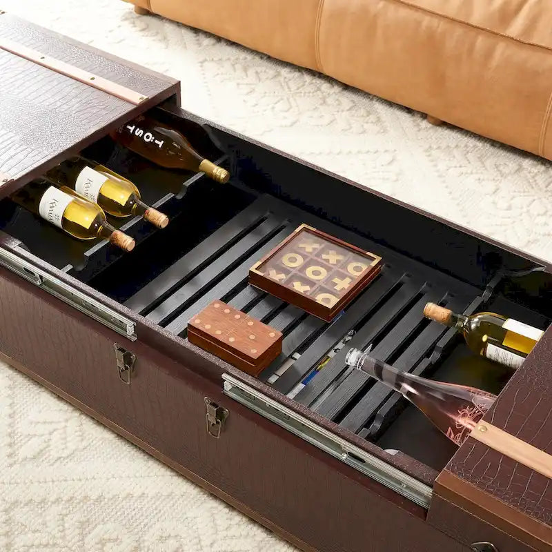 Table basse avec casier à vin et rangement — 120 cm (L) x 60 cm (l) x 39 cm (H) — 119 cm (L) x 61 cm (P) x 38 cm (H)