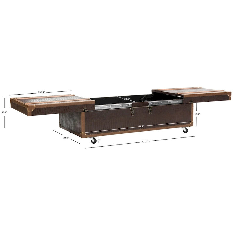 Table basse avec casier à vin et rangement — 120 cm (L) x 60 cm (l) x 39 cm (H) — 119 cm (L) x 61 cm (P) x 38 cm (H)