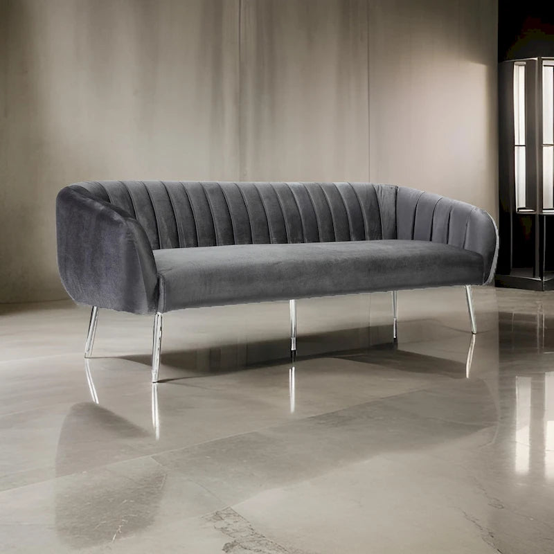 Decy 74 Inch Sofa, Channel Stitched, Cushioned Seat, Gray Velvet, Silver