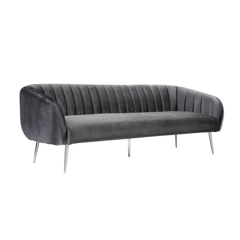 Canapé de 188 cm, capitonnage à rayures, assise rembourrée, velours gris, argent