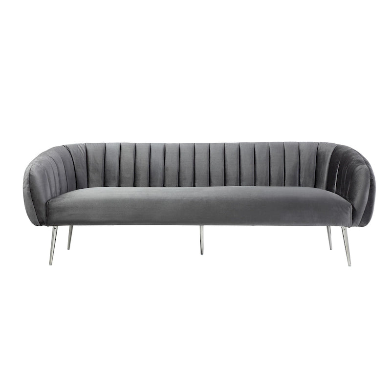 Canapé de 188 cm, capitonnage à rayures, assise rembourrée, velours gris, argent