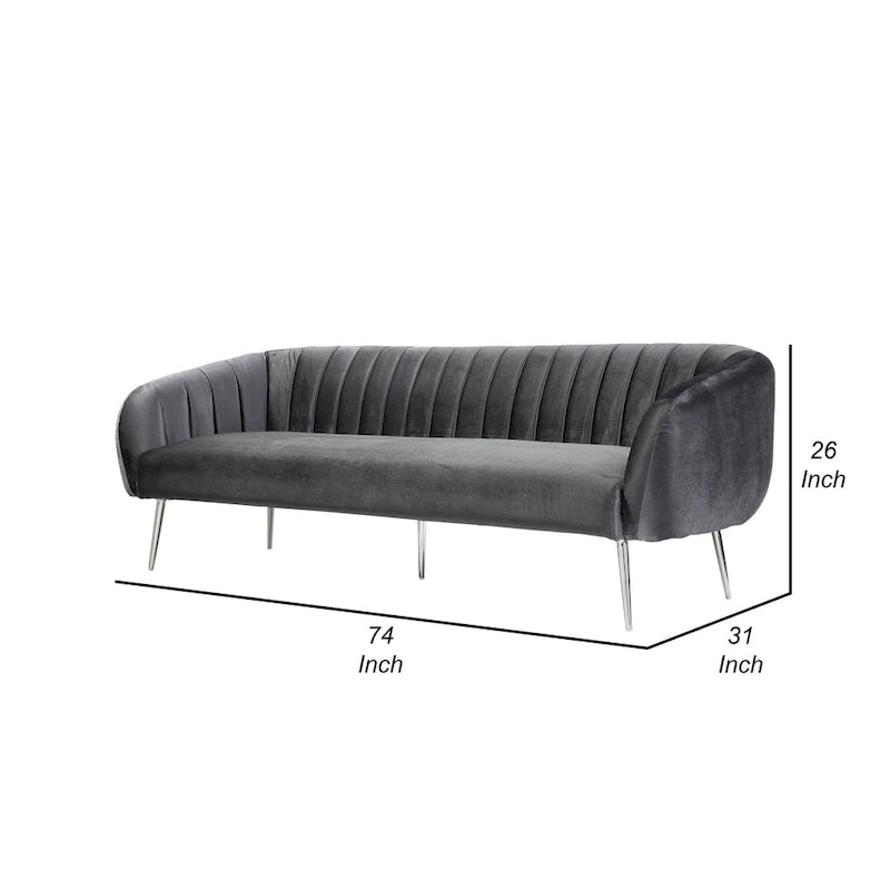 Canapé de 188 cm, capitonnage à rayures, assise rembourrée, velours gris, argent