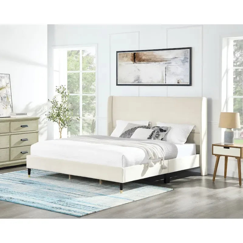 Lit plateforme capitonné en velours beige, King size, sommier tapissier non requis, facile à monter