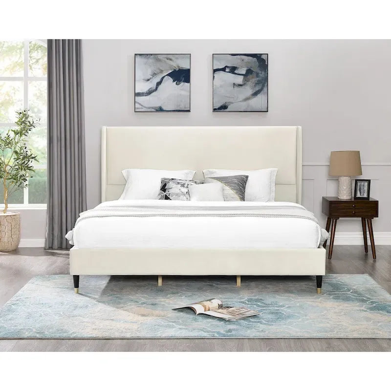 Lit plateforme capitonné en velours beige, King size, sommier tapissier non requis, facile à monter