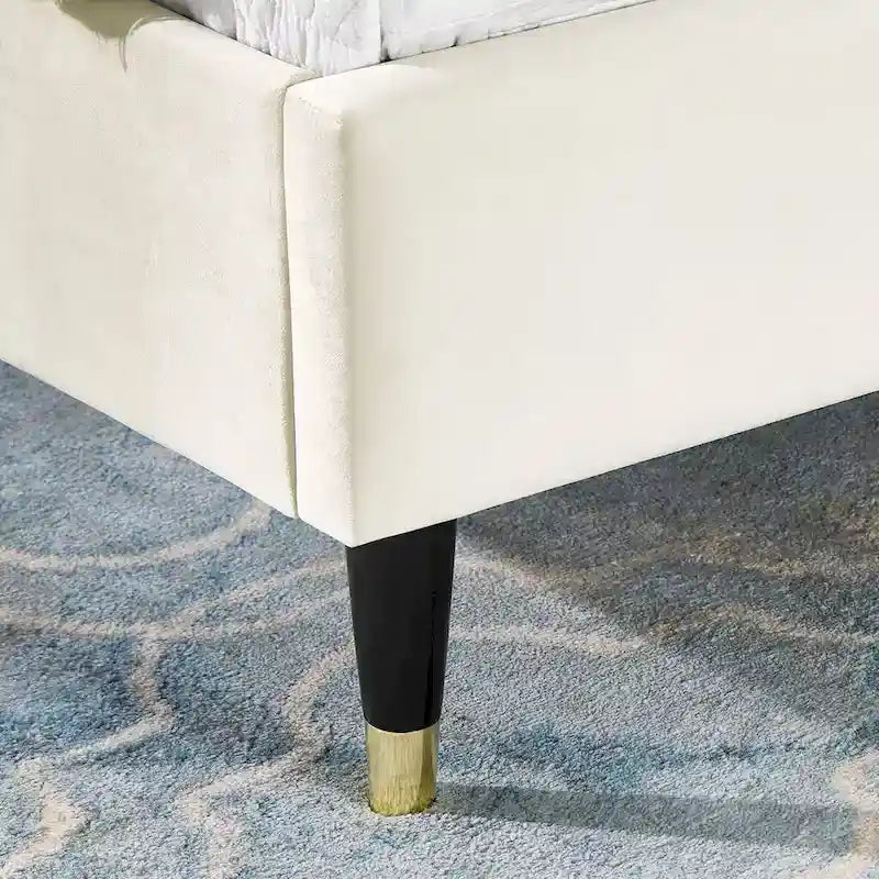 Lit plateforme capitonné en velours beige, King size, sommier tapissier non requis, facile à monter