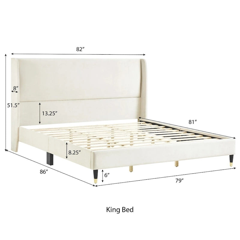 Lit plateforme capitonné en velours beige, King size, sommier tapissier non requis, facile à monter