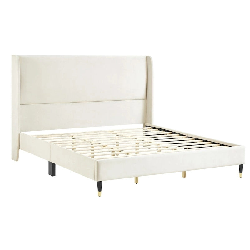 Lit plateforme capitonné en velours beige, King size, sommier tapissier non requis, facile à monter